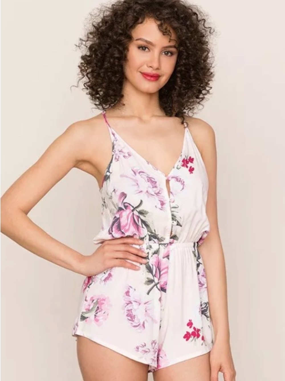 NWT Yumi Kim White Floral Romper with Pink and Green Accents
